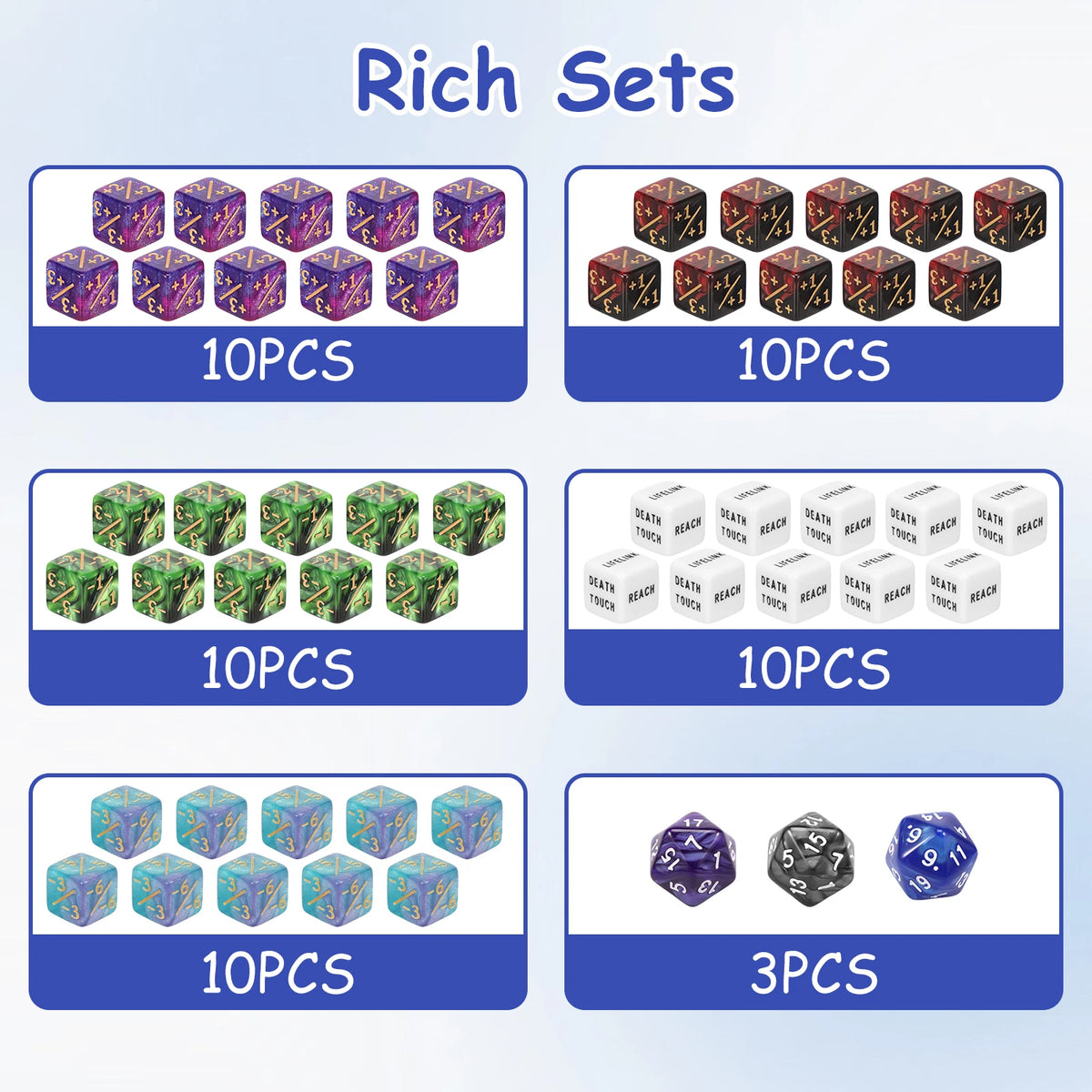 A collection of acrylic dice sets in various colors and quantities for math games and party fun