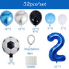 A set of 32 balloons including various colors and sizes like spheres, hearts, and a large blue number foil balloon.