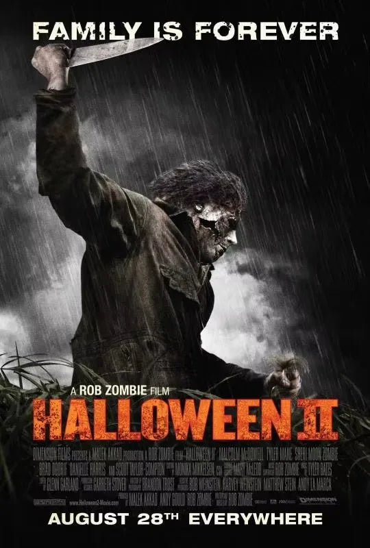 Poster for Halloween II featuring Michael Myers and the title Family Is Forever