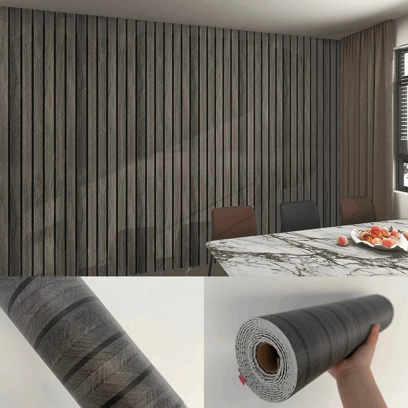 Roll of self-adhesive wood grain wallpaper showing a textured gray pattern.