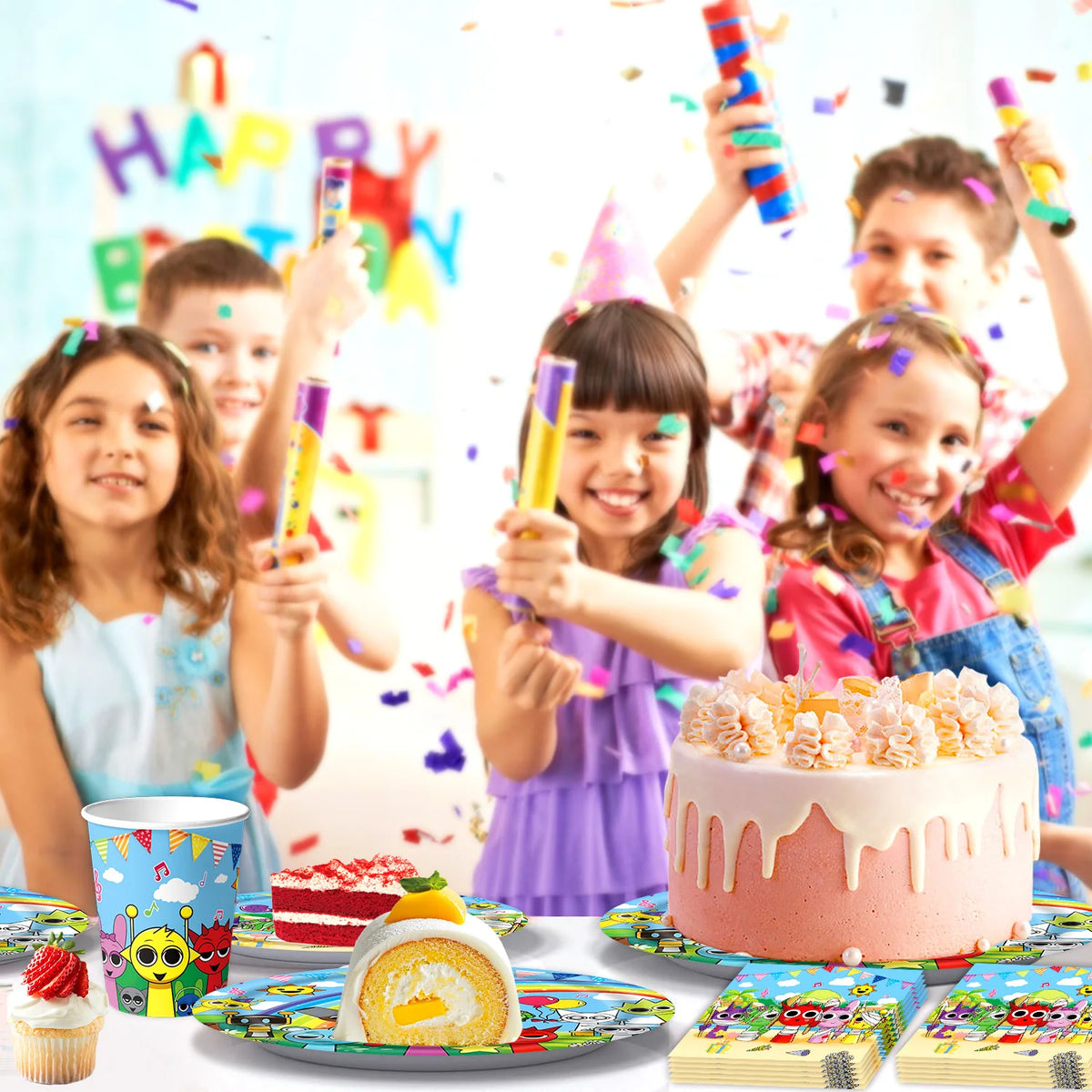 A colorful birthday party setup featuring cake, cupcakes, and various toys with children celebrating.