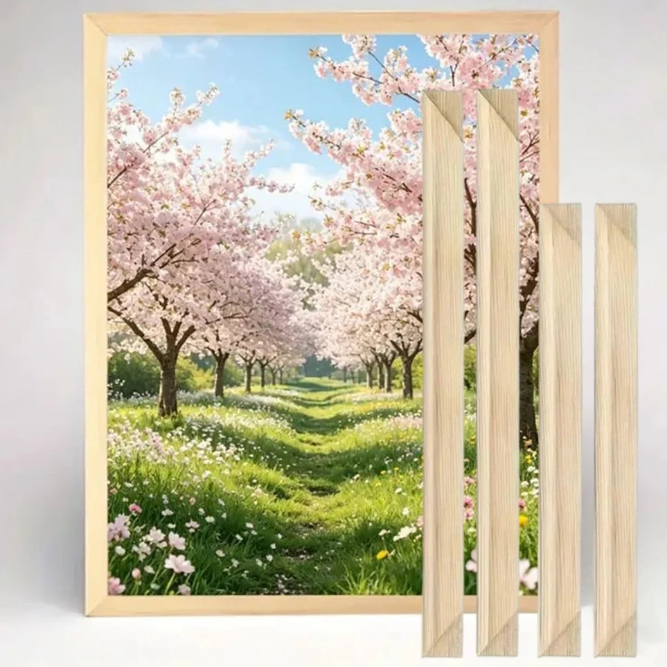 Wooden canvas stretcher frame bars in light wood tone displayed in a framed floral landscape painting.