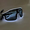 A pair of black sunglasses with glowing blue EL wire outlines on a white background.