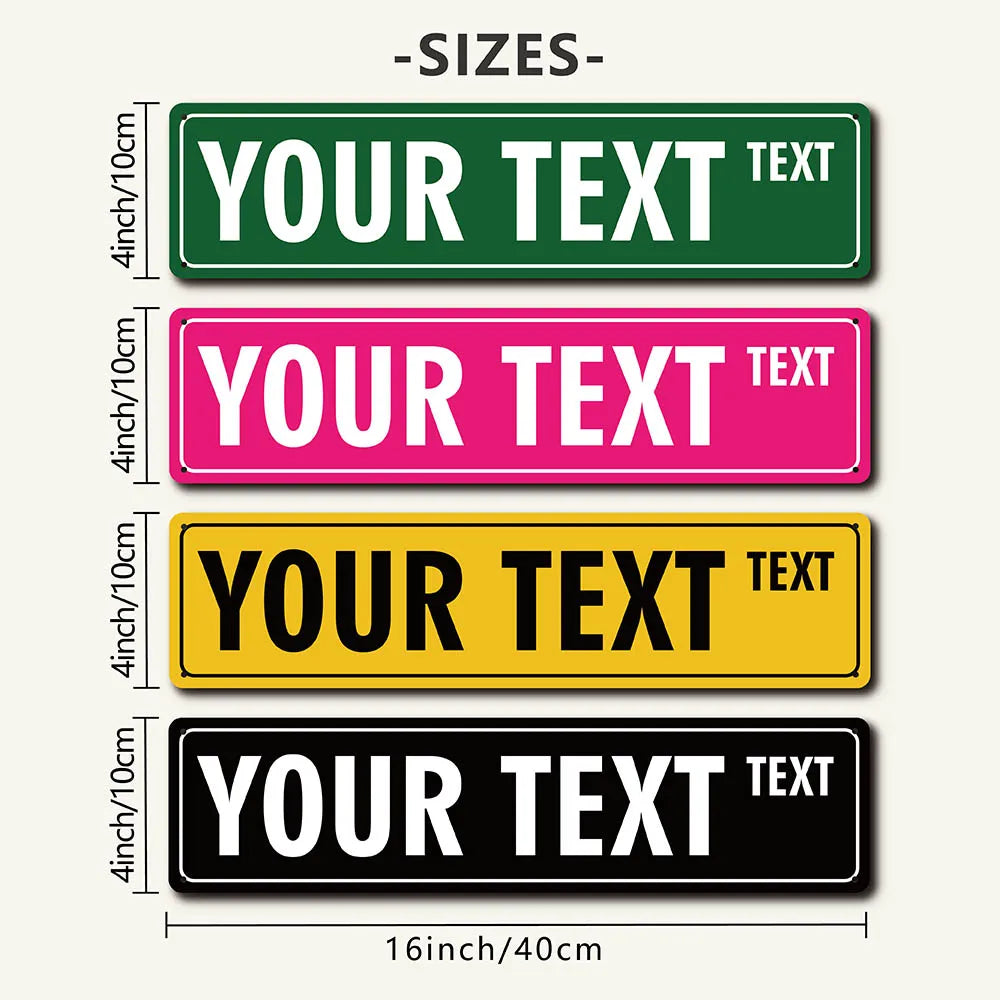 A set of five rectangular metal street signs in different colors and sizes, labeled with customizable text.