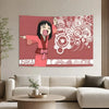 A vibrant pink and white anime wall tapestry featuring a character with black hair and an open mouth against a pink backgroun