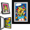 A set of three black picture frames displaying colorful children's artwork and photos.