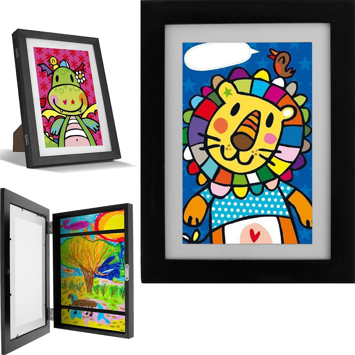 A set of three black picture frames displaying colorful children's artwork and photos.
