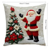 A festive Christmas linen throw pillow cover featuring Santa Claus and a decorated Christmas tree on a white background.