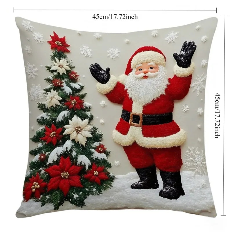 A festive Christmas linen throw pillow cover featuring Santa Claus and a decorated Christmas tree on a white background.