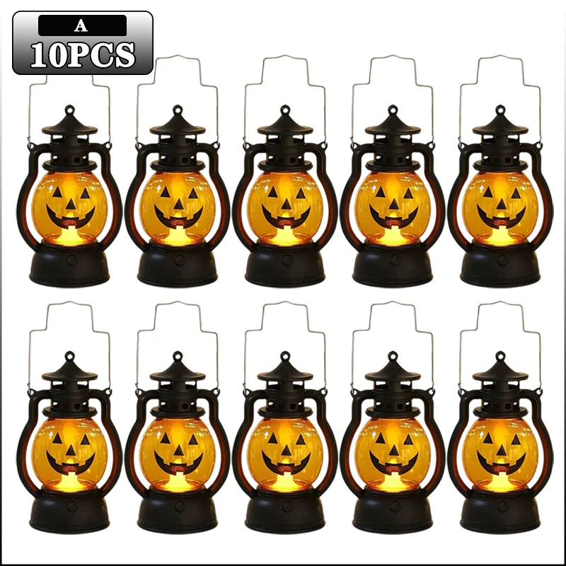 Ten DIY Halloween pumpkin lanterns with LED projection effects in black and orange.