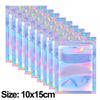 A set of holographic rainbow resealable bags stacked in a row, showing various colors and iridescent effects.