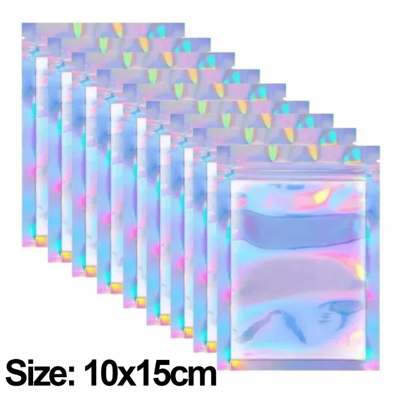 A set of holographic rainbow resealable bags stacked in a row, showing various colors and iridescent effects.