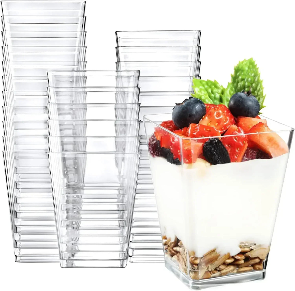 A set of clear square plastic dessert cups and spoons for serving parfaits, appetizers, and party treats.