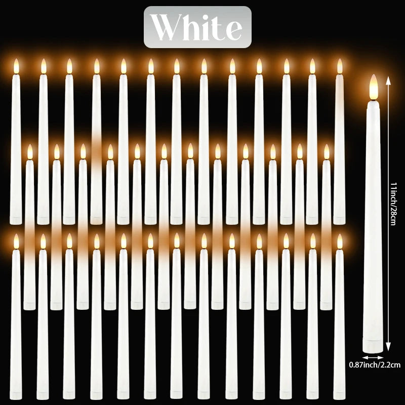 A vertical arrangement of white taper candles with flickering flame effects.