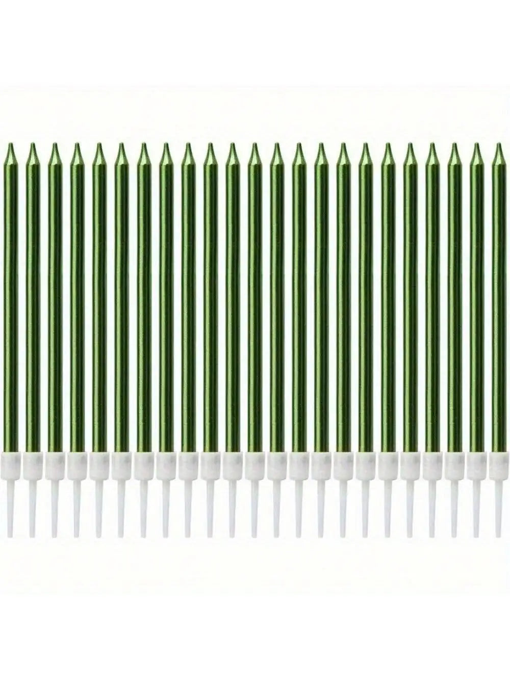 A row of green birthday candles with white tips.