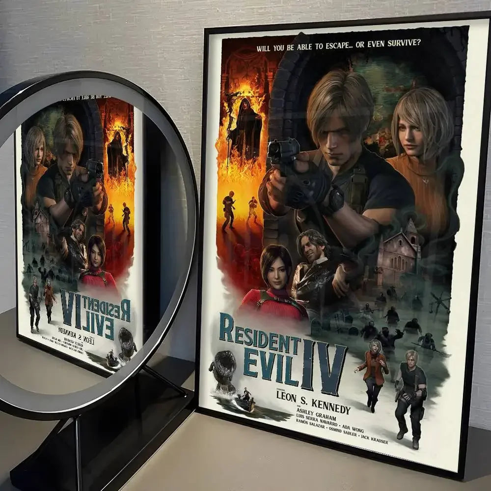 A poster for Resident Evil IV featuring characters and dark, intense imagery.