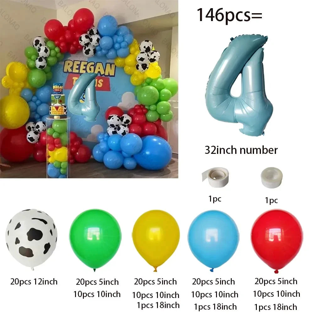 A colorful latex balloon garland kit featuring various colored balloons and a large blue number balloon.