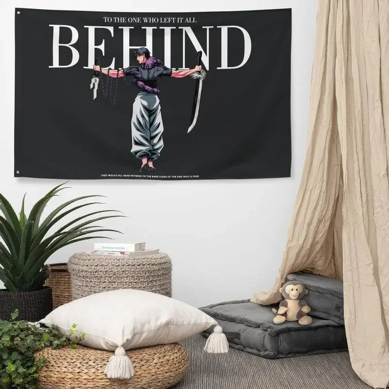 A black banner featuring the text BEHIND above a silhouette of a character with a sword.