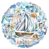 A circular collage of watercolor illustrations featuring sailboats, sea creatures, and ocean elements for craft stickers.