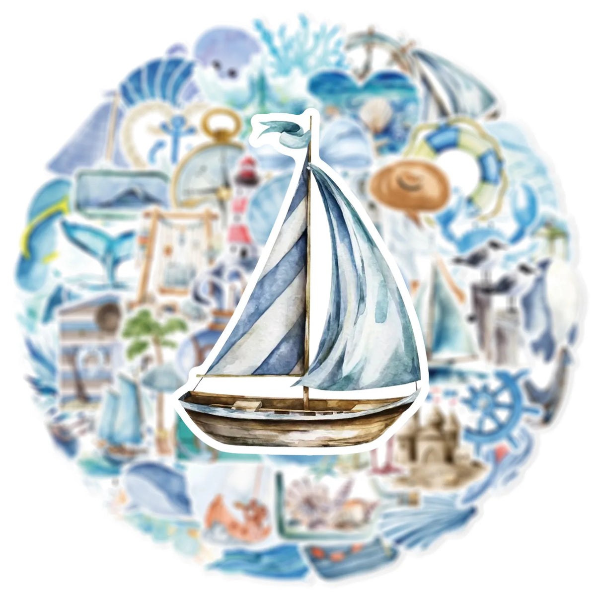 A circular collage of watercolor illustrations featuring sailboats, sea creatures, and ocean elements for craft stickers.