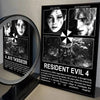 A framed poster for Resident Evil 4 featuring intense black and white portraits of characters.