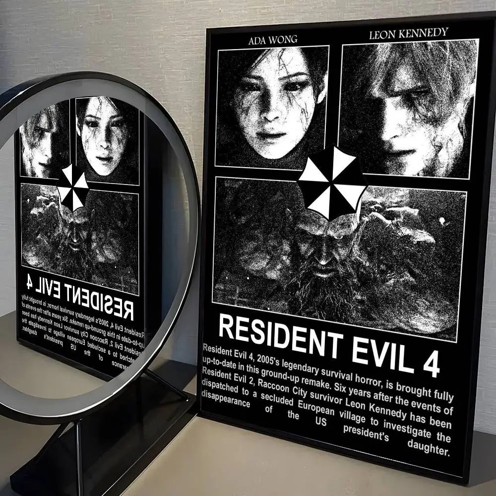 A framed poster for Resident Evil 4 featuring intense black and white portraits of characters.