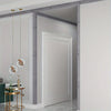 A close-up of white wall trim strips with a gray textured finish installed on a white wall.