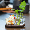 Mini resin desk ornament featuring a lucky cat figurine and green ivy plant in a glass vase