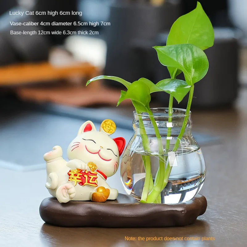 Mini resin desk ornament featuring a lucky cat figurine and green ivy plant in a glass vase