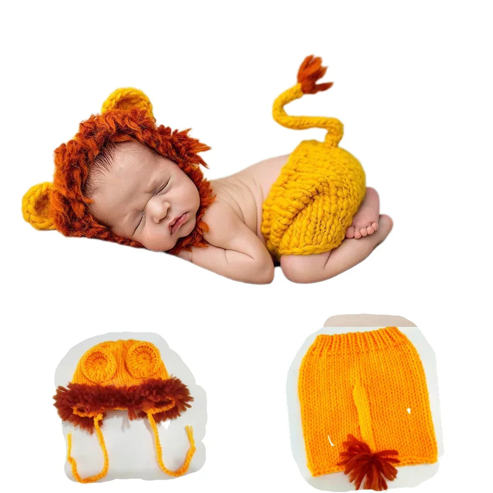 Adorable handcrafted lion crochet outfit set for baby photo shoots featuring orange and brown yarn pieces