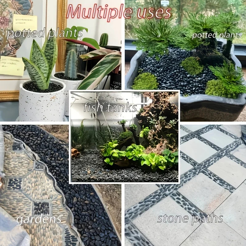 Various natural river rocks used for potted plants, fish tanks, gardens, and stone paths.