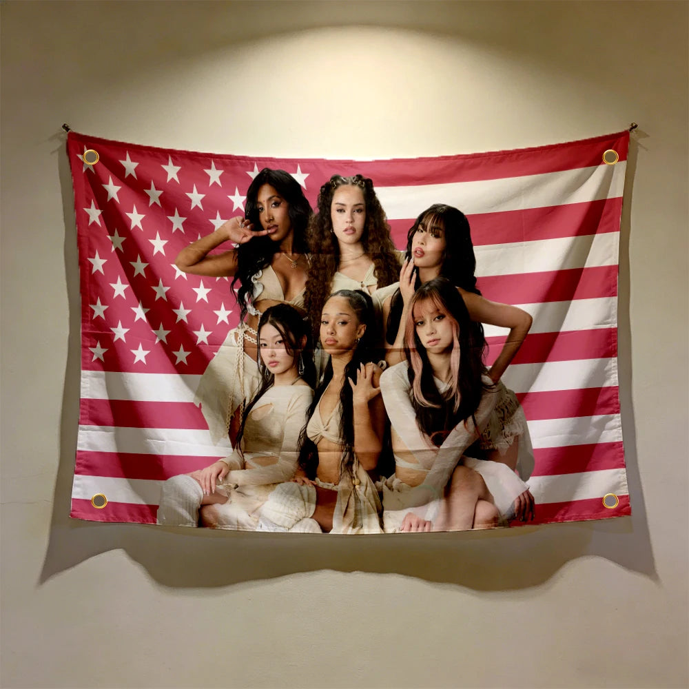 A tapestry featuring five women in light-colored outfits against a red, white, and blue striped background with stars.