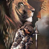 A painting depicting a majestic lion's head looming over a warrior figure holding a sword.