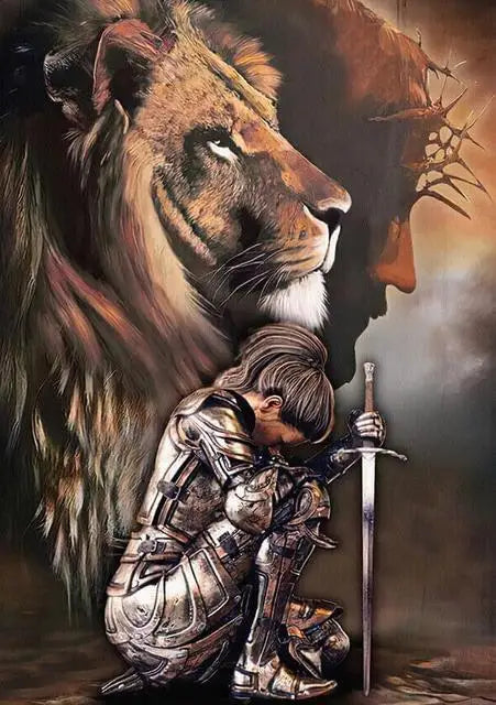 A painting depicting a majestic lion's head looming over a warrior figure holding a sword.
