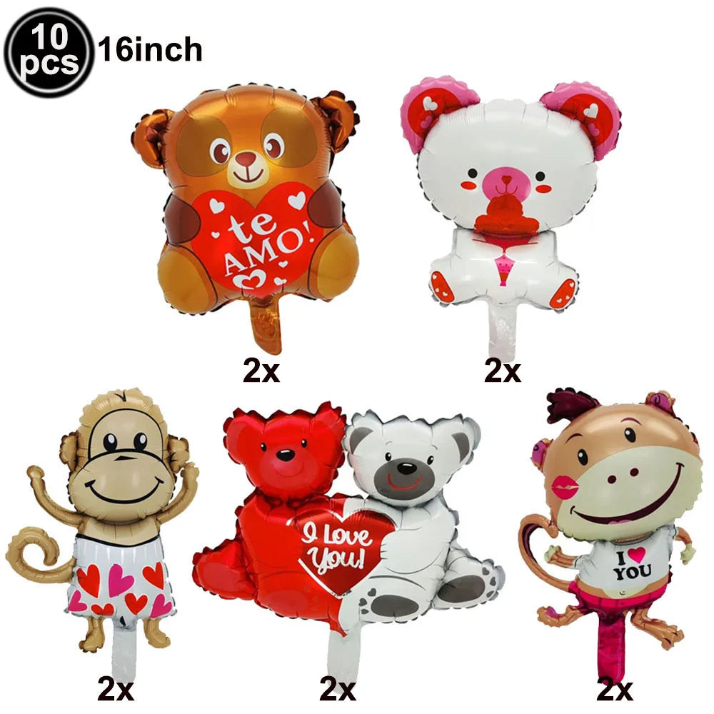 Set of 10 16 inch I Love You red heart letter balloons with foil finish featuring animal shapes