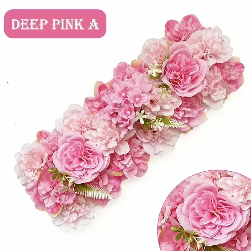 A cluster of deep pink artificial silk rose flowers arranged in a linear panel.