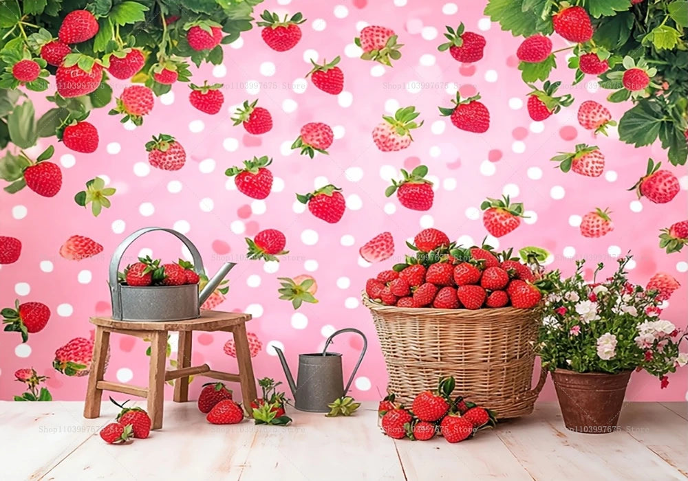 Rosa Erdbeere-Themen-Hintergrund mit frischen Erdbeeren, Grünzeug und einem geflochtenen Korb auf Holzoberfläche.
