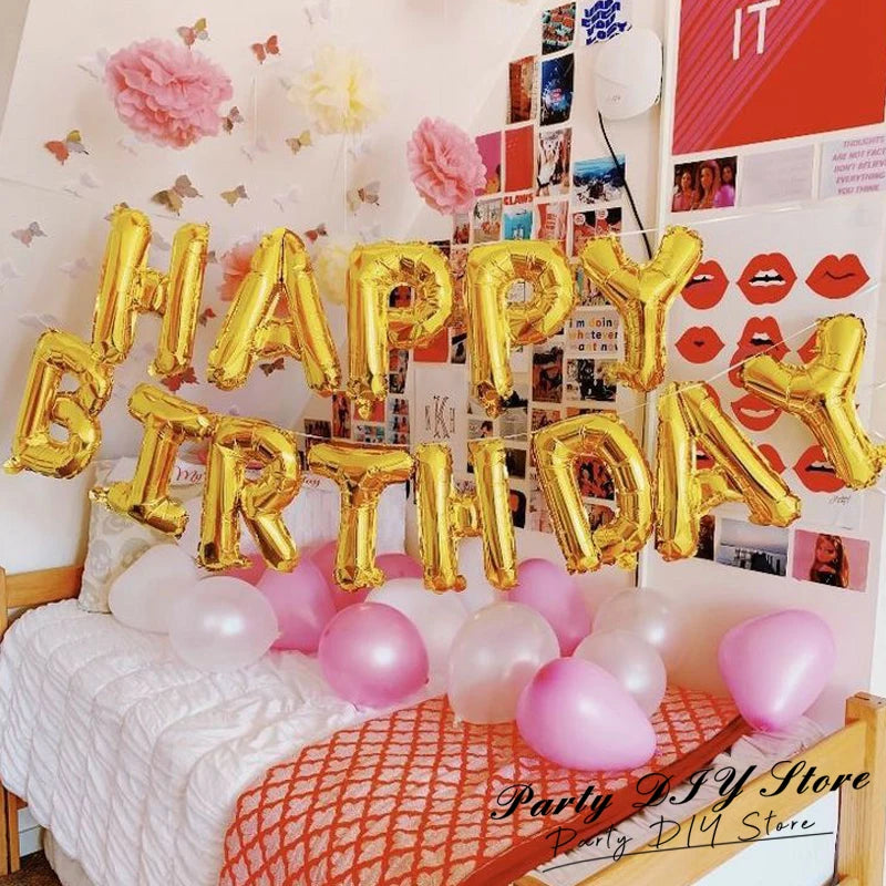 A set of thirteen rose gold foil letter balloons spelling out HAPPY BIRTHDAY for a party decoration.