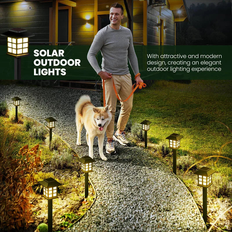 A man walks alongside a golden dog in a garden featuring solar outdoor pathway lights.