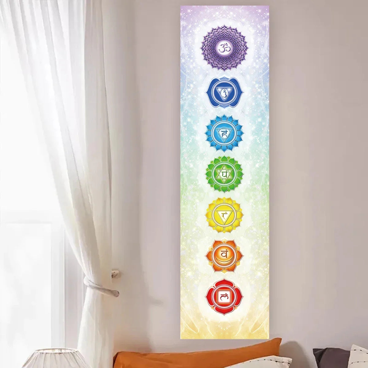 Vertical tapestry featuring a series of colorful chakra symbols for spiritual decor