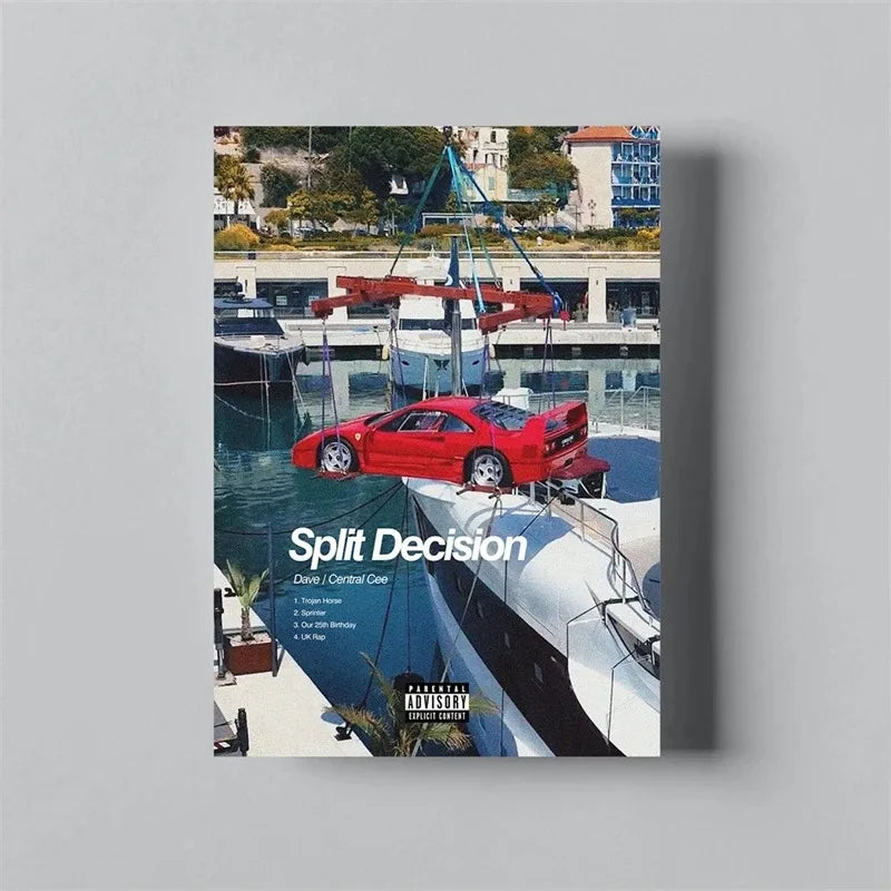Album cover art for Split Decision featuring a red sports car on the deck of a boat.