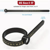 A black adjustable ring sizer with a scale and magnifier, suitable for finger sizes 1 to 17.
