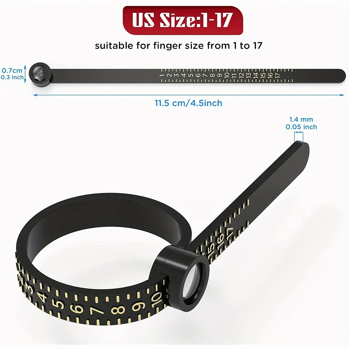 A black adjustable ring sizer with a scale and magnifier, suitable for finger sizes 1 to 17.
