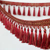 Red decorative tassel fringe trim with gold embroidery for curtains and DIY projects