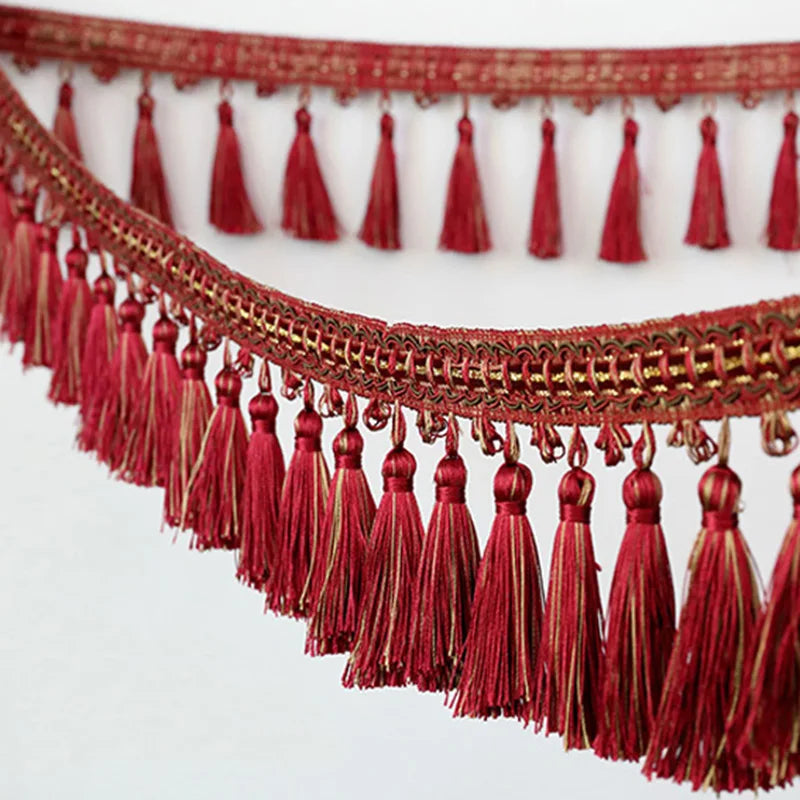 Red decorative tassel fringe trim with gold embroidery for curtains and DIY projects
