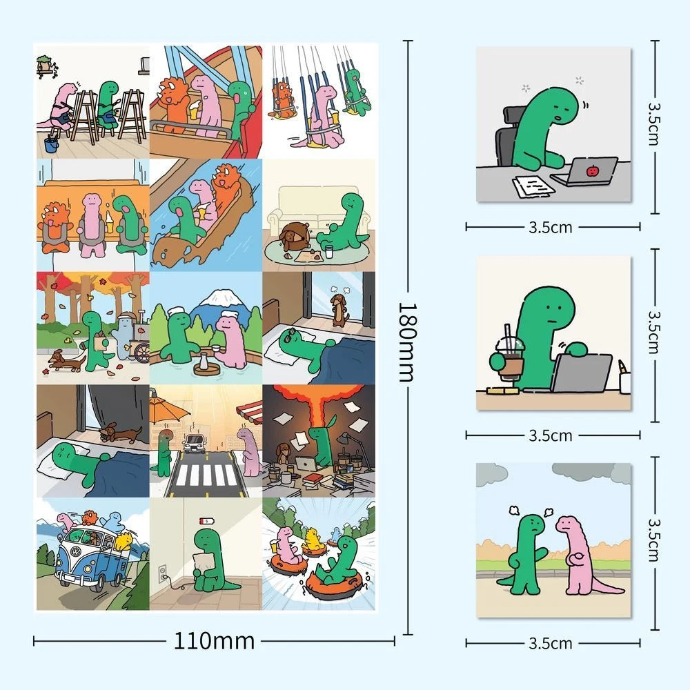 A pack of dinosaur and joguman decals stickers shown in various contexts and colors.