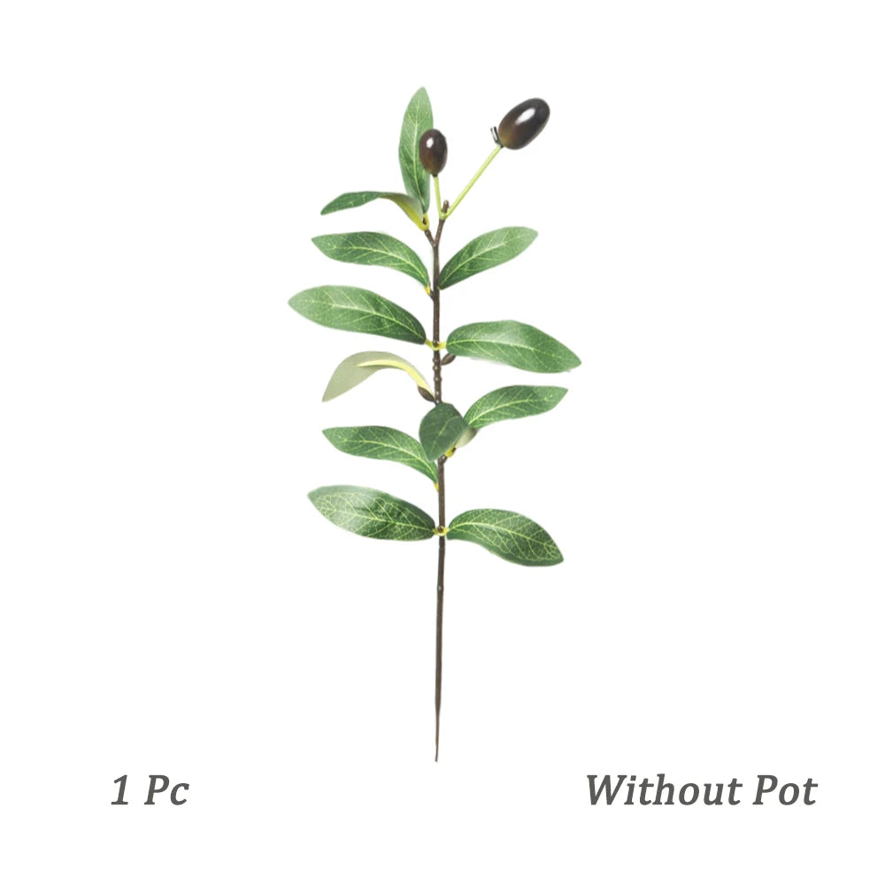 Artificial olive tree branch with green leaves and dark berries without a pot