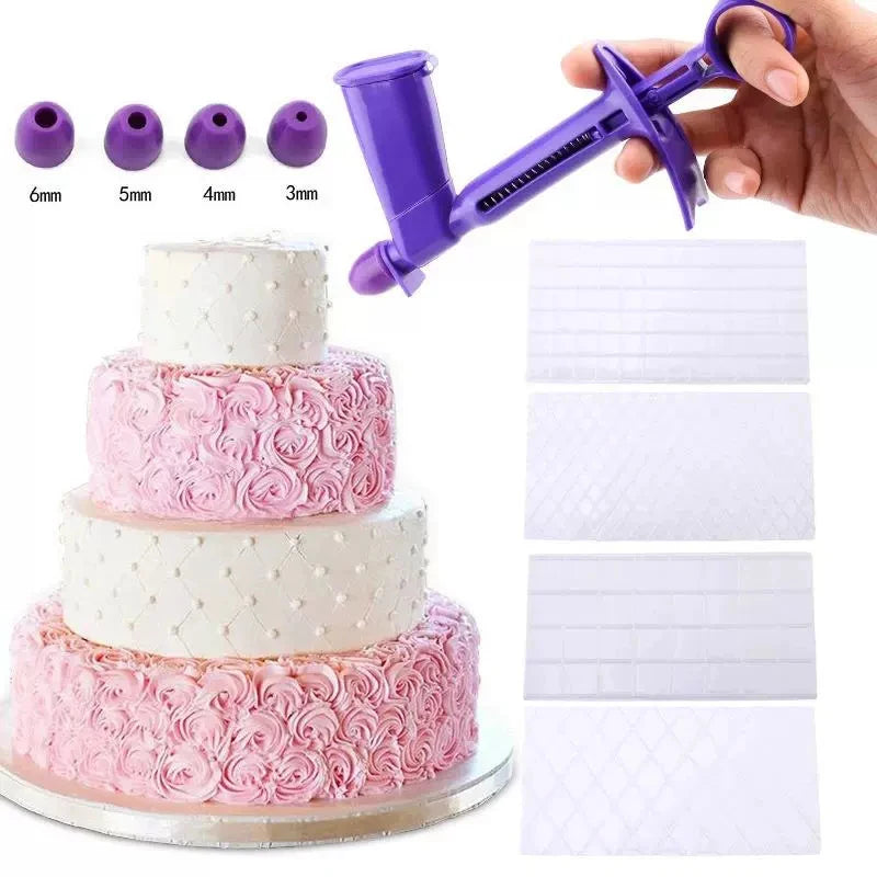 A purple pearl ball applicator tool is shown next to a three-tiered pink and white fondant cake.