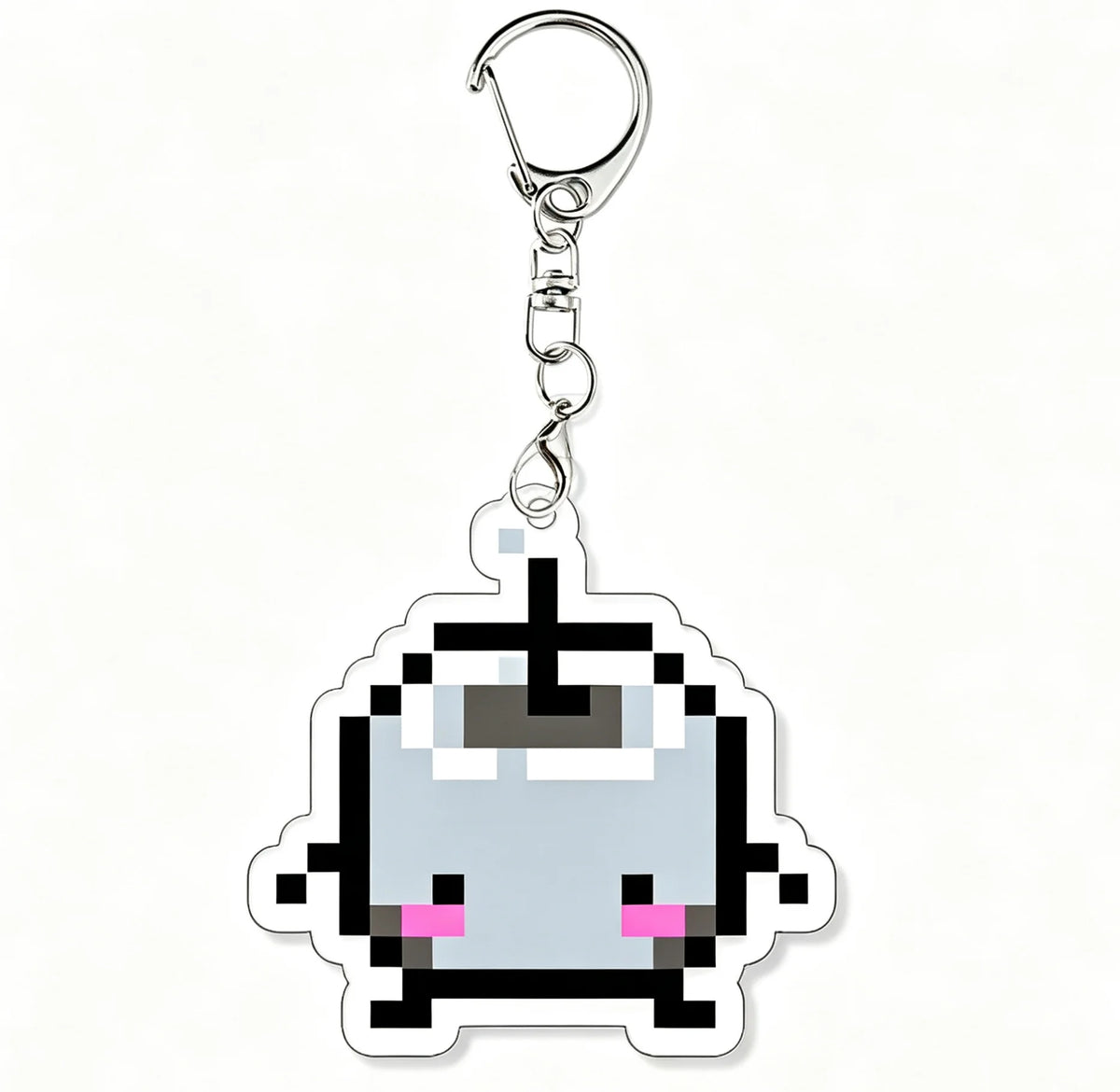 A clear acrylic keychain charm featuring a pixelated character design from Stardew Valley