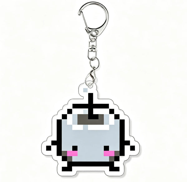 A clear acrylic keychain charm featuring a pixelated character design from Stardew Valley
